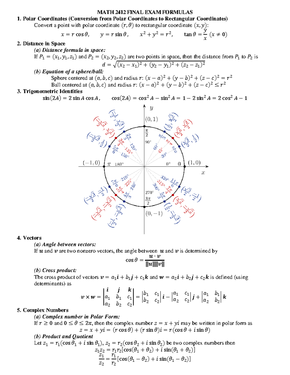 2412 Final Exam Formulas - MATH 2412 FINAL EXAM FORMULAS 1. Polar ...