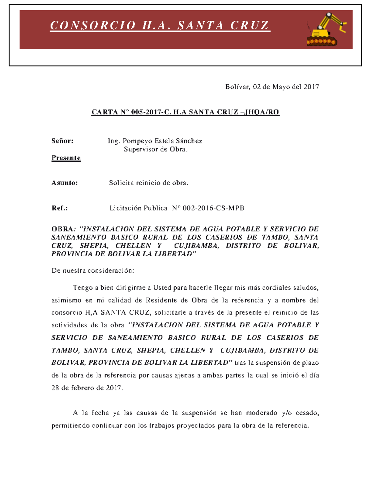 Solicitud de Reinicio de Obra - Carta N° 005-2017-C.H.A Santa Cruz - Document Preview