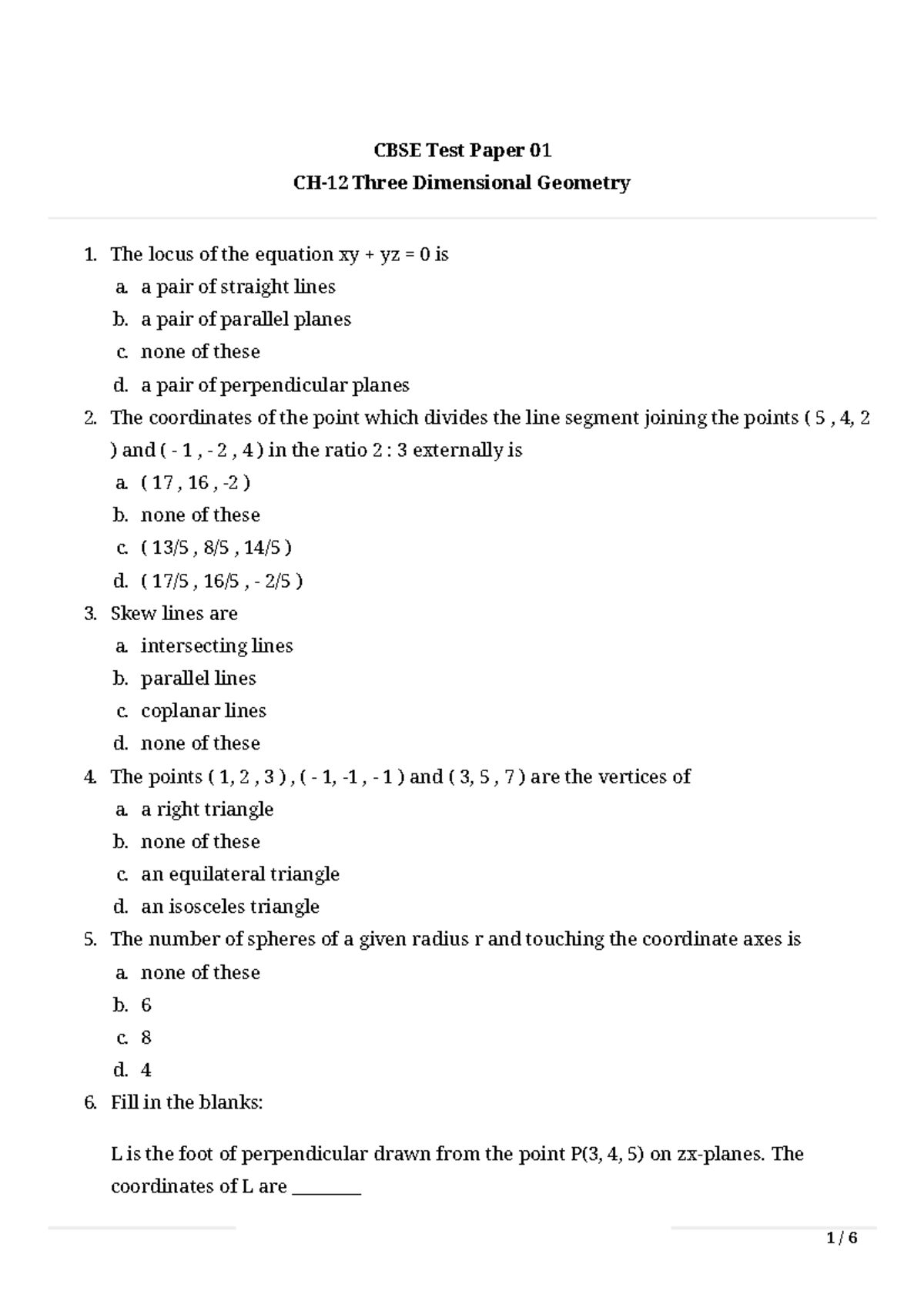 CBSE Test Paper 01: Three Dimensional Geometry Concepts - Studocu