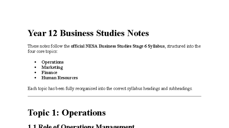 Year 12 Business Studies Notes: NESA Stage 6 Syllabus Overview - Studocu