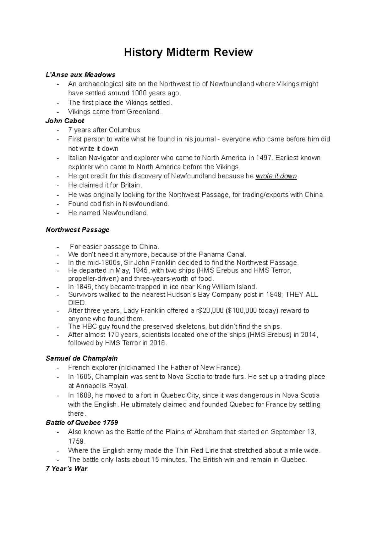 History Midterm Review: Key Events and Figures in Canadian History ...