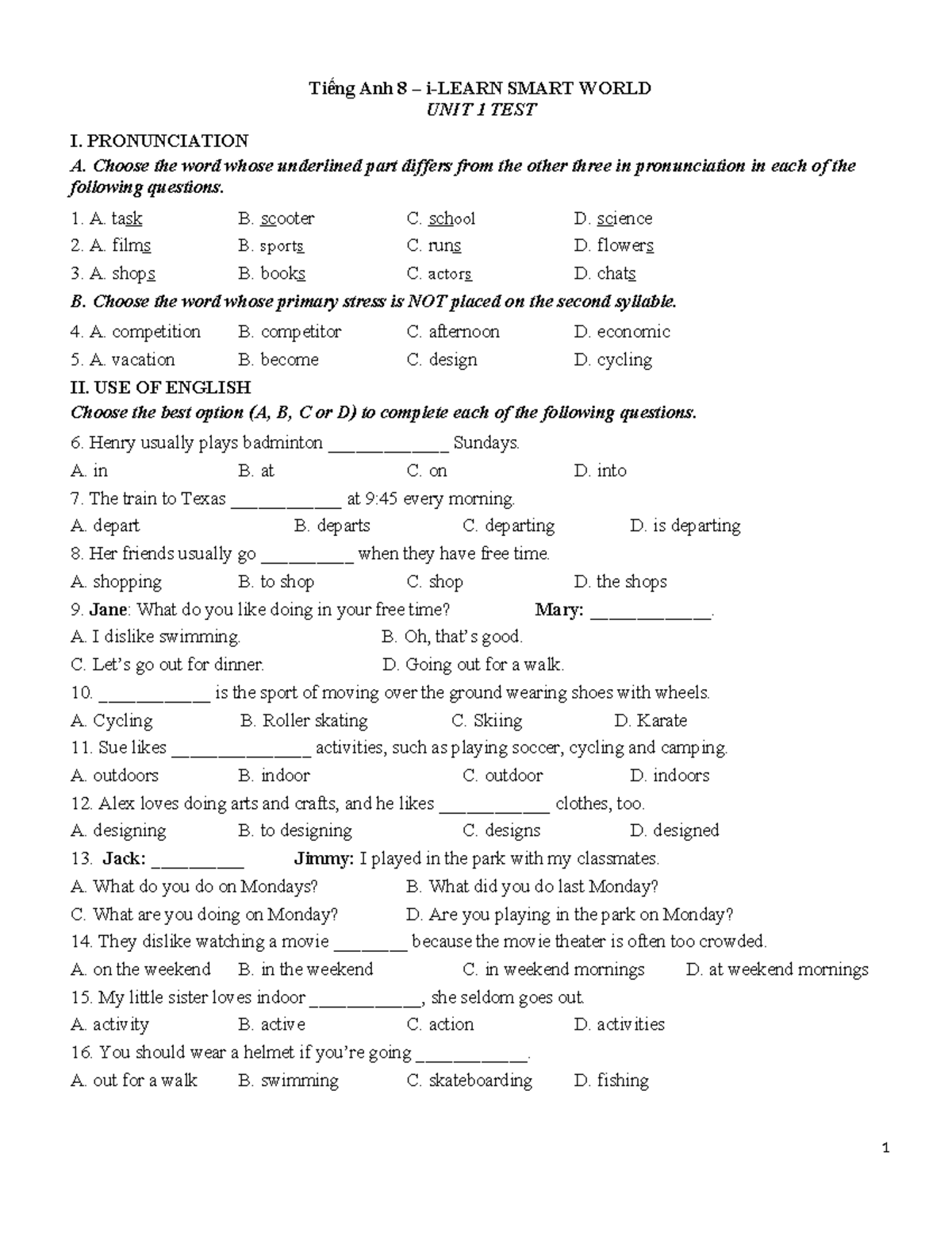 Tiếng Anh 8: SMART WORLD UNIT 1 TEST I - Pronunciation & Use of English ...