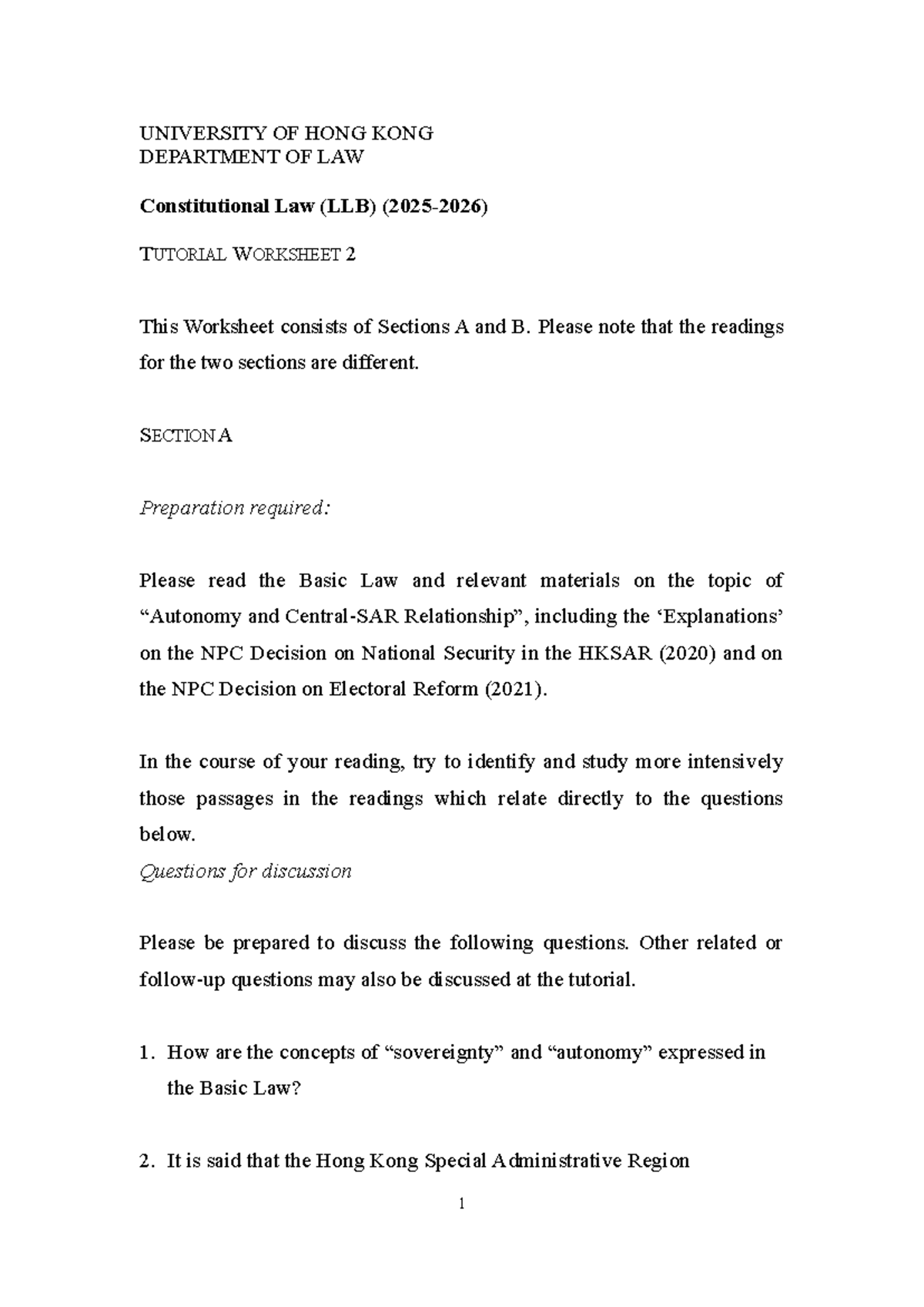 Constitutional Law (LLB) Tutorial Worksheet 2: Key Readings & Questions ...