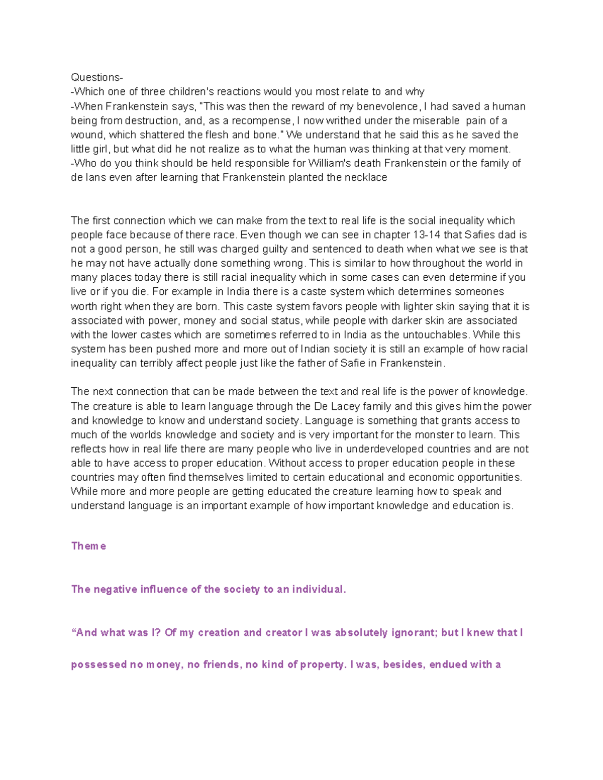 ENG 101 - Essay Notes: Themes and Social Connections in Frankenstein ...