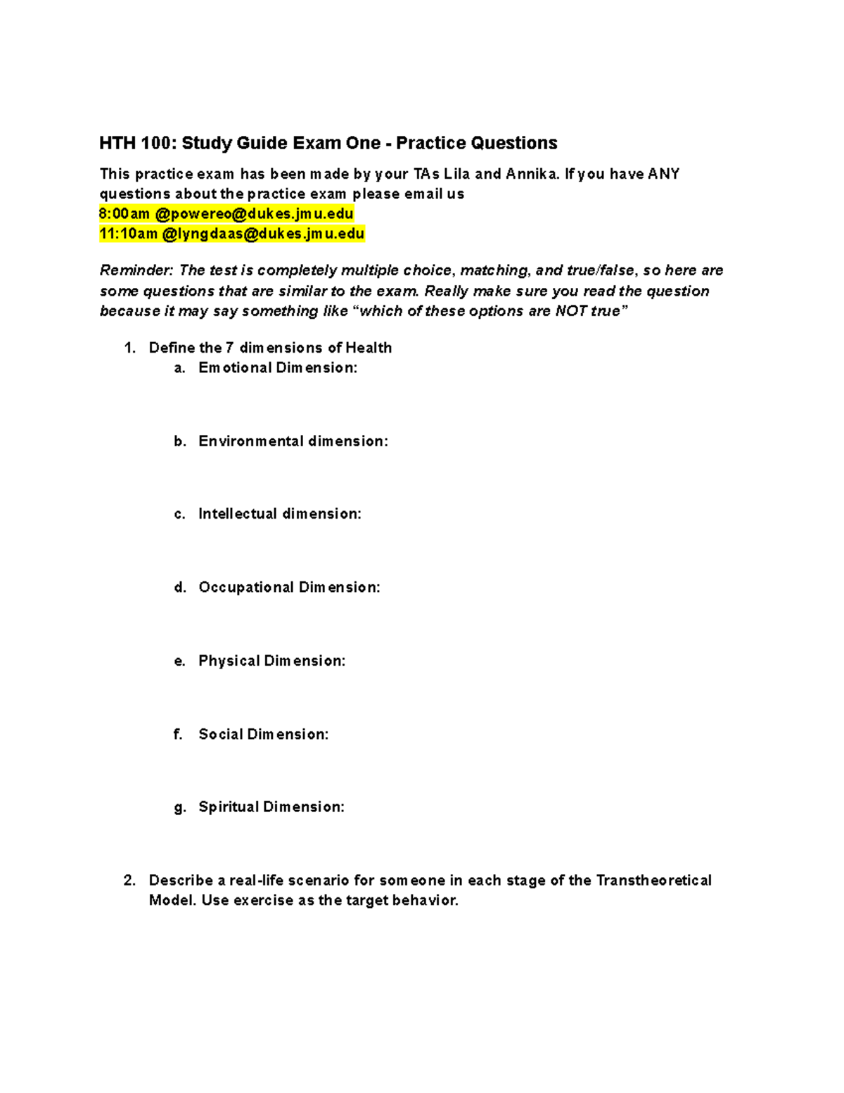 HTH 100: Exam One Study Guide & Practice Questions - Studocu