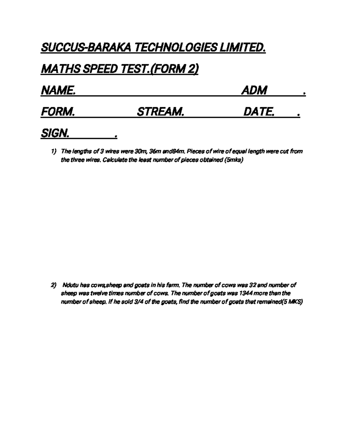 TECHNOLOGIES LIMITED. MATHS SPEED TEST (FORM 2) - QUESTIONS & SOLUTIONS ...