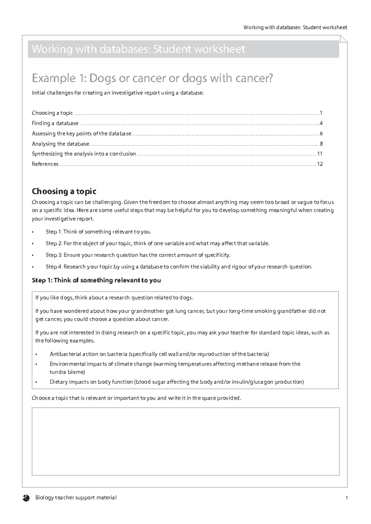 Biology working with databases worksheet ENice - Working with databases ...
