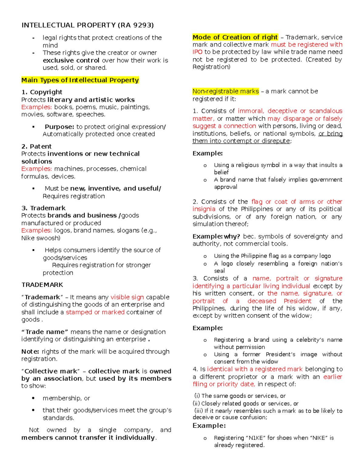 IP LAW (RA 9293) - Comprehensive Notes on Intellectual Property Rights ...