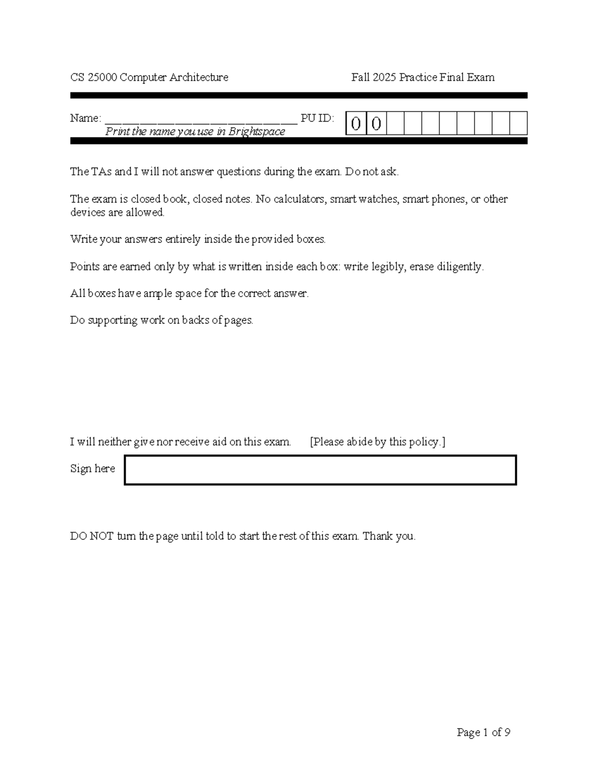 CS Computer Architecture Fall 2025 Practice Final Exam Guide - Studocu