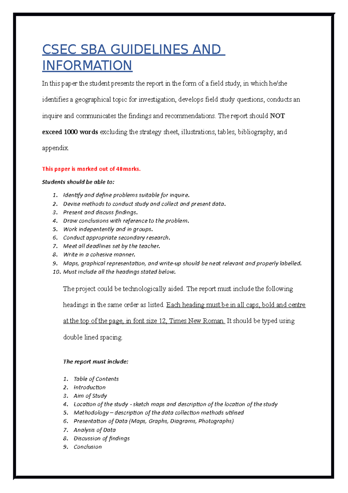 CSEC SBA Guidelines for Field Study Report Submission - Studocu