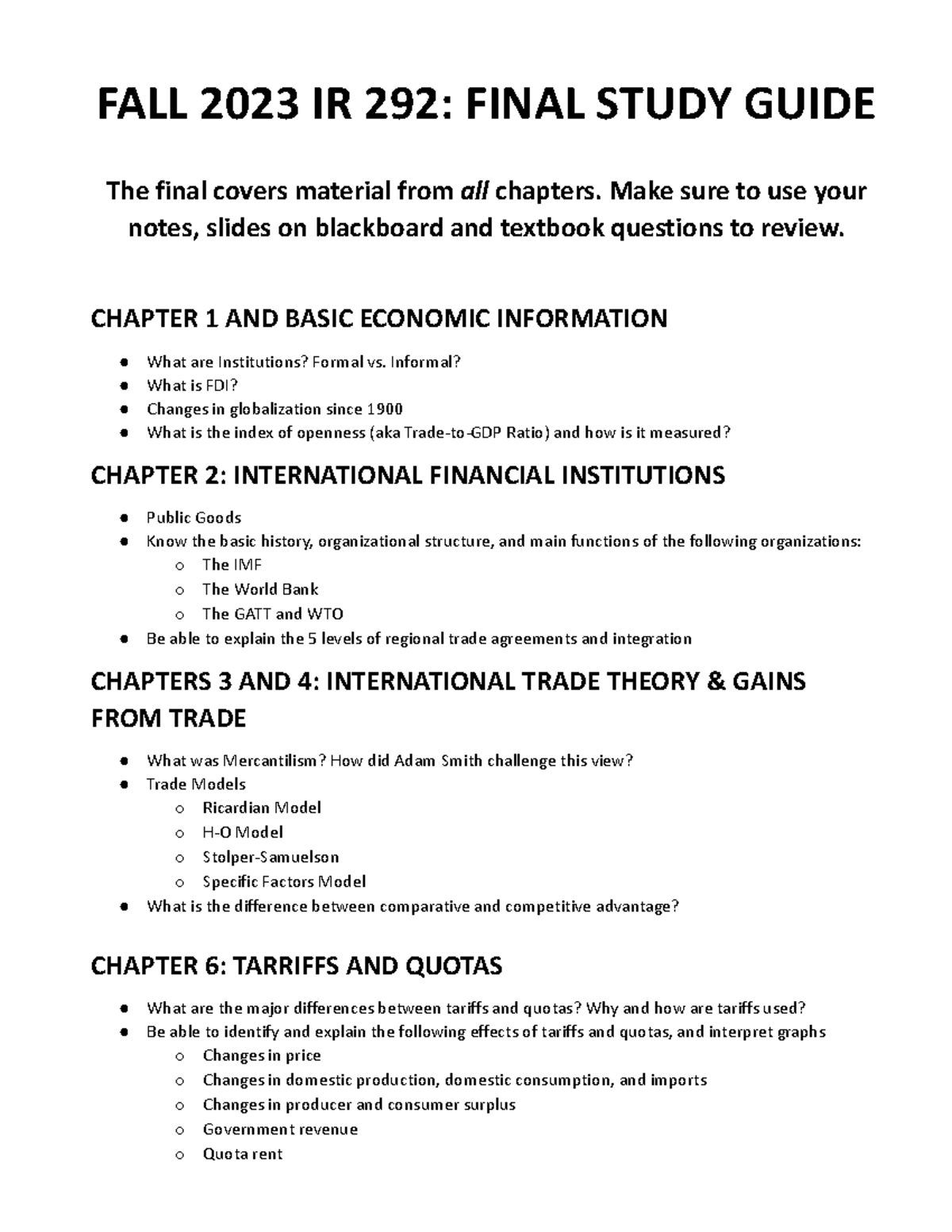 Final Review Guide Fall 2023 - FALL 2023 IR 292: FINAL STUDY GUIDE The ...