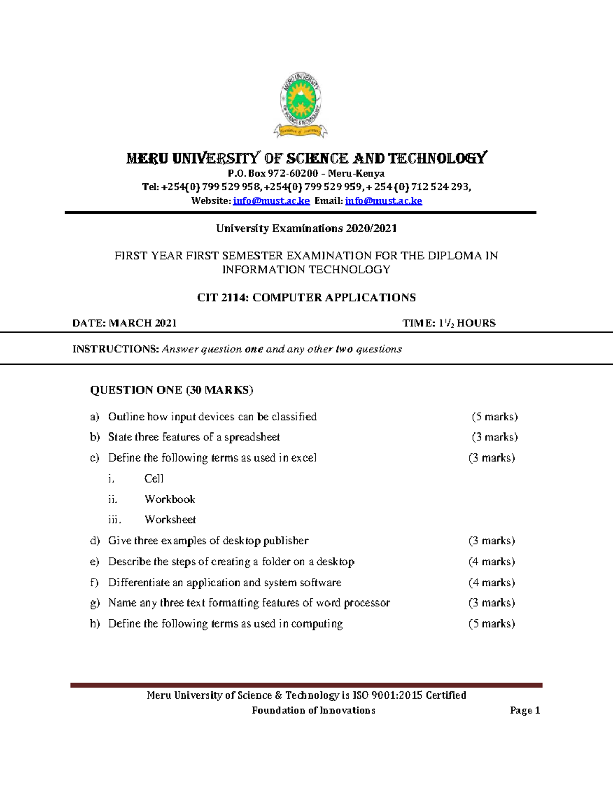 CIT 2114: Computer Applications - First Semester Exam Notes - Studocu