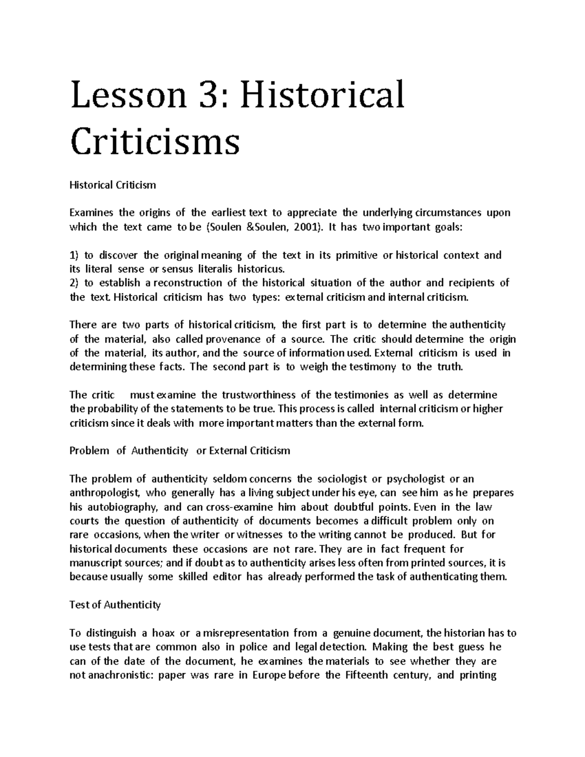 Lesson 3 - Historical Criticisms - Lesson 3: Historical Criticisms ...