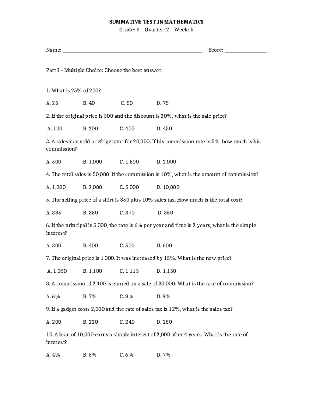 SUMMATIVE TEST MATHEMATICS GRADE 6 Q2 W5 - Studocu