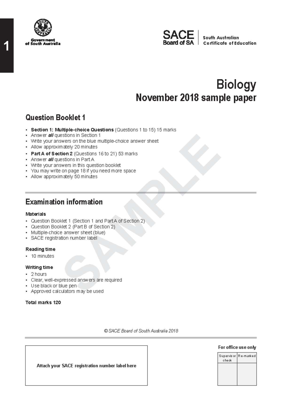 2018 SACE Biology Sample Exam Paper BK1: Questions & Answers - Studocu