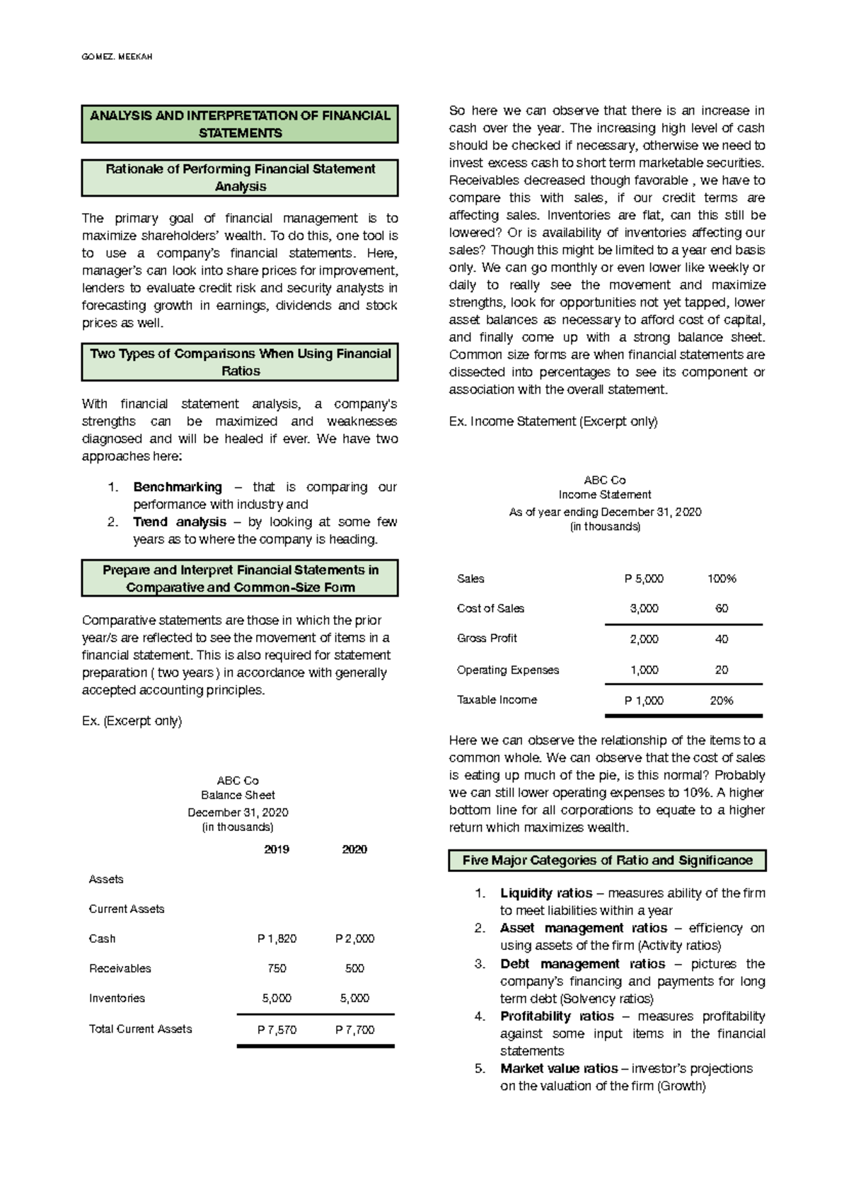 Financial Statement Analysis Notes: Key Concepts & Ratios - Studocu