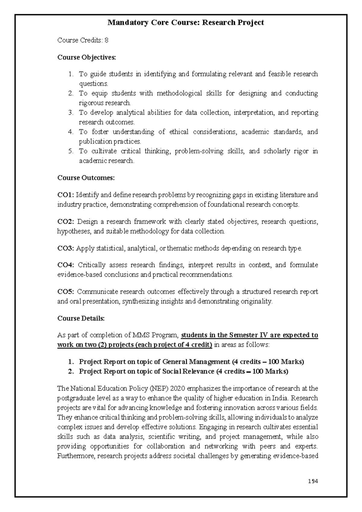 MMS Semester IV: Research Project Guidelines and Evaluation Criteria ...