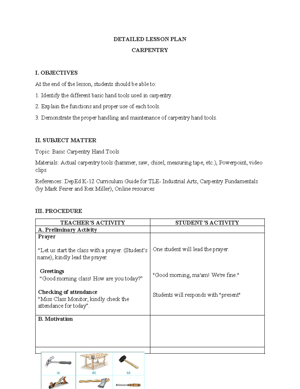 Detailed Lesson Plan on Basic Carpentry Hand Tools (ED 12) - Studocu
