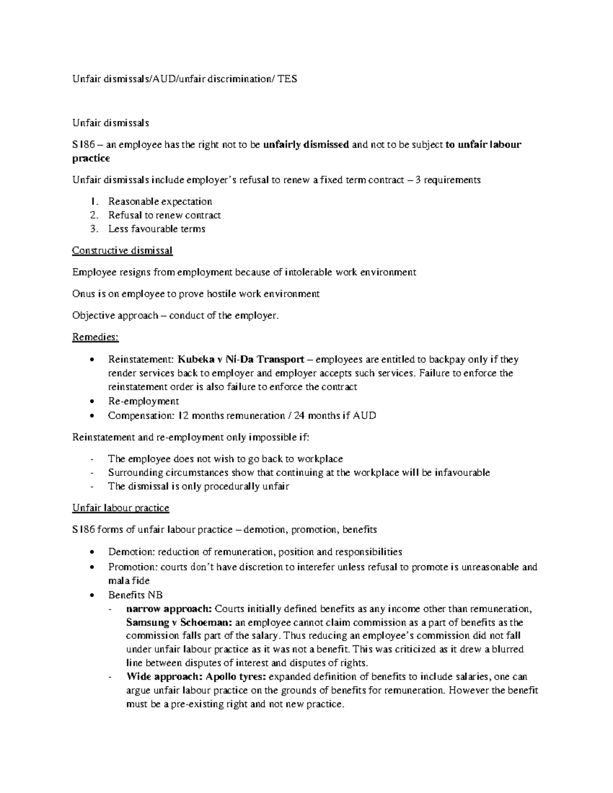 Unfair Dismissals and Labour Practices: Key Insights (TES) - Studocu
