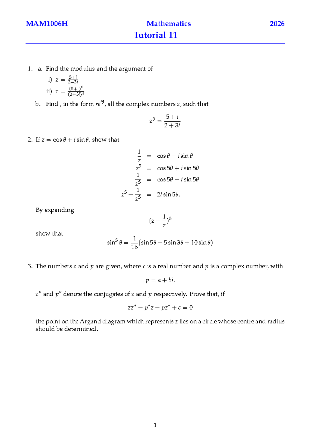 MAM1006H Mathematics Tutorial 11: Complex Numbers Analysis - Studocu