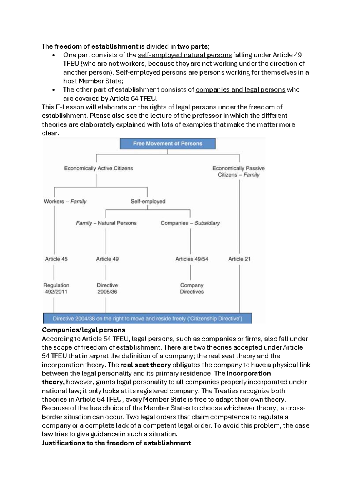 The Freedom of Establishment: Legal Persons & Justifications under ...