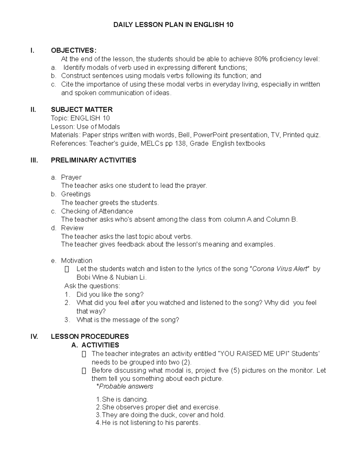 Daily Lesson Plan: Modals in ENGLISH 10 - Studocu