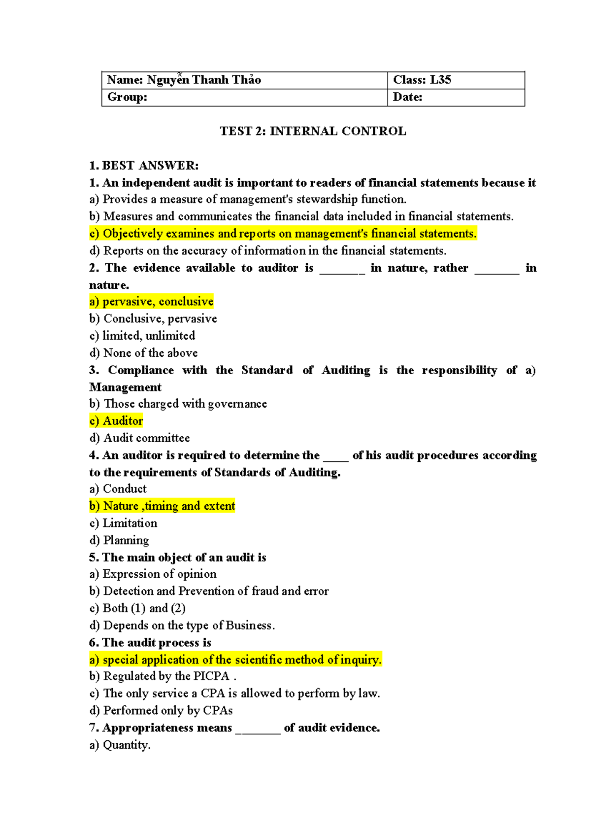 FAu1.Group 1.Internal Control Test 2 - Nguyễn Thanh Thảo - Studocu