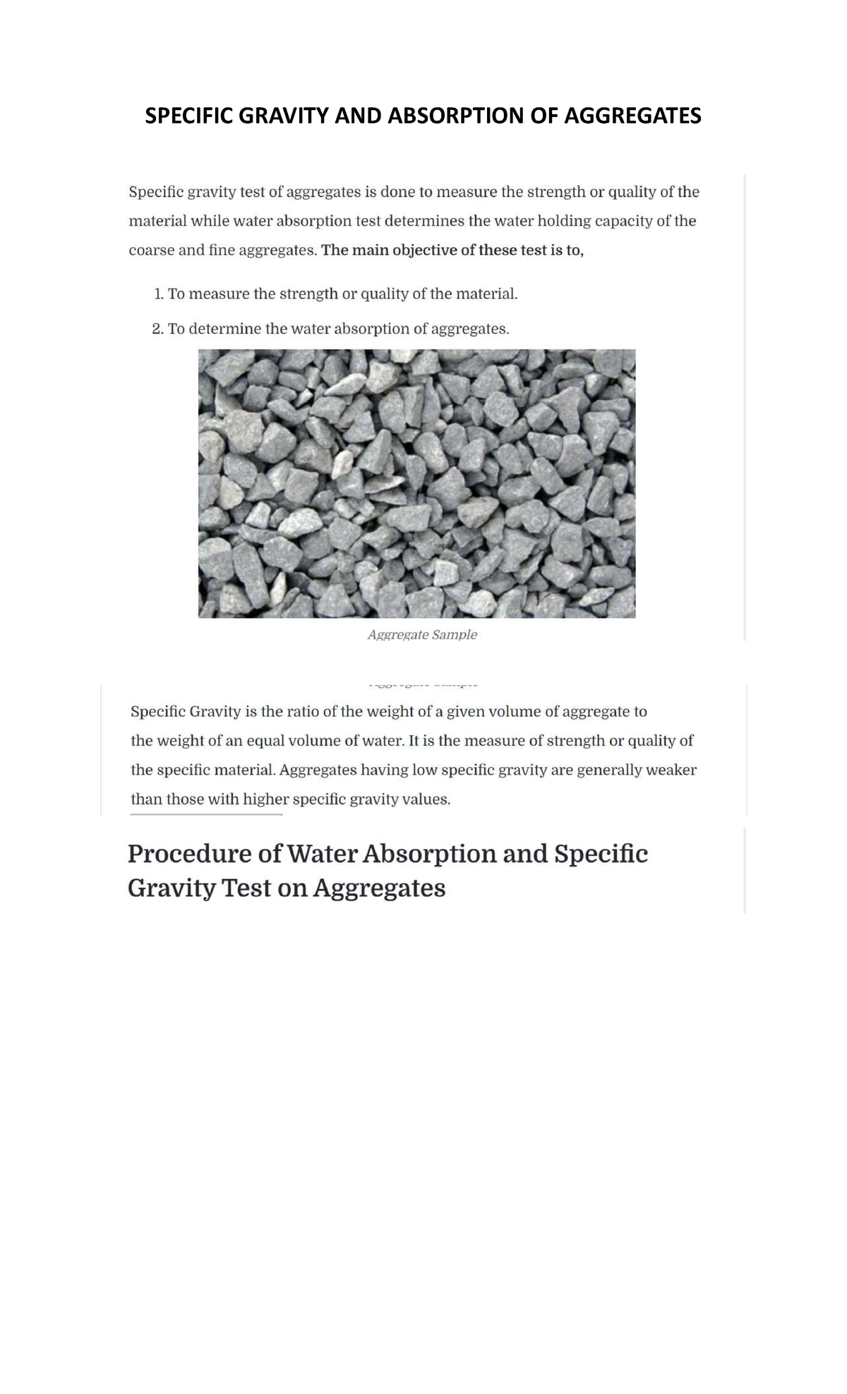CMT - Specific Gravity and Water Absorption of Aggregates - Studocu