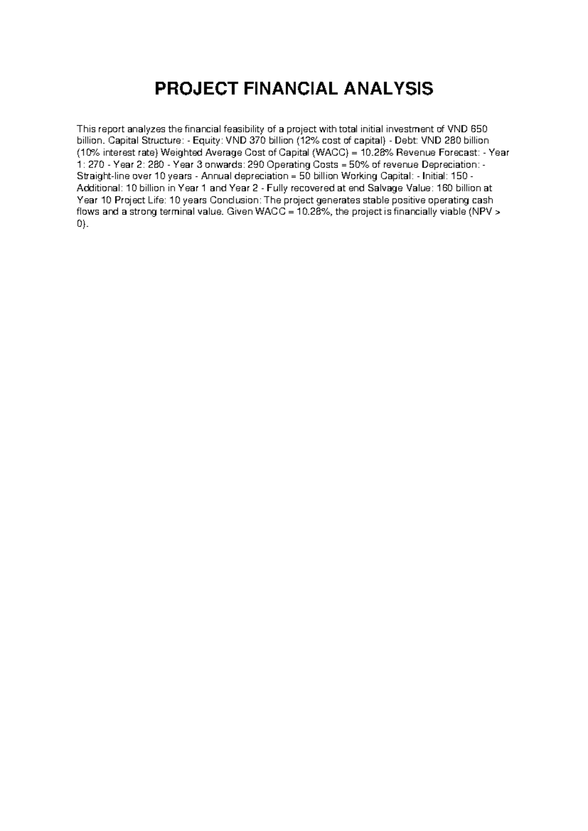 PROJECT FINANCIAL ANALYSIS: Detailed Feasibility Study - Studocu