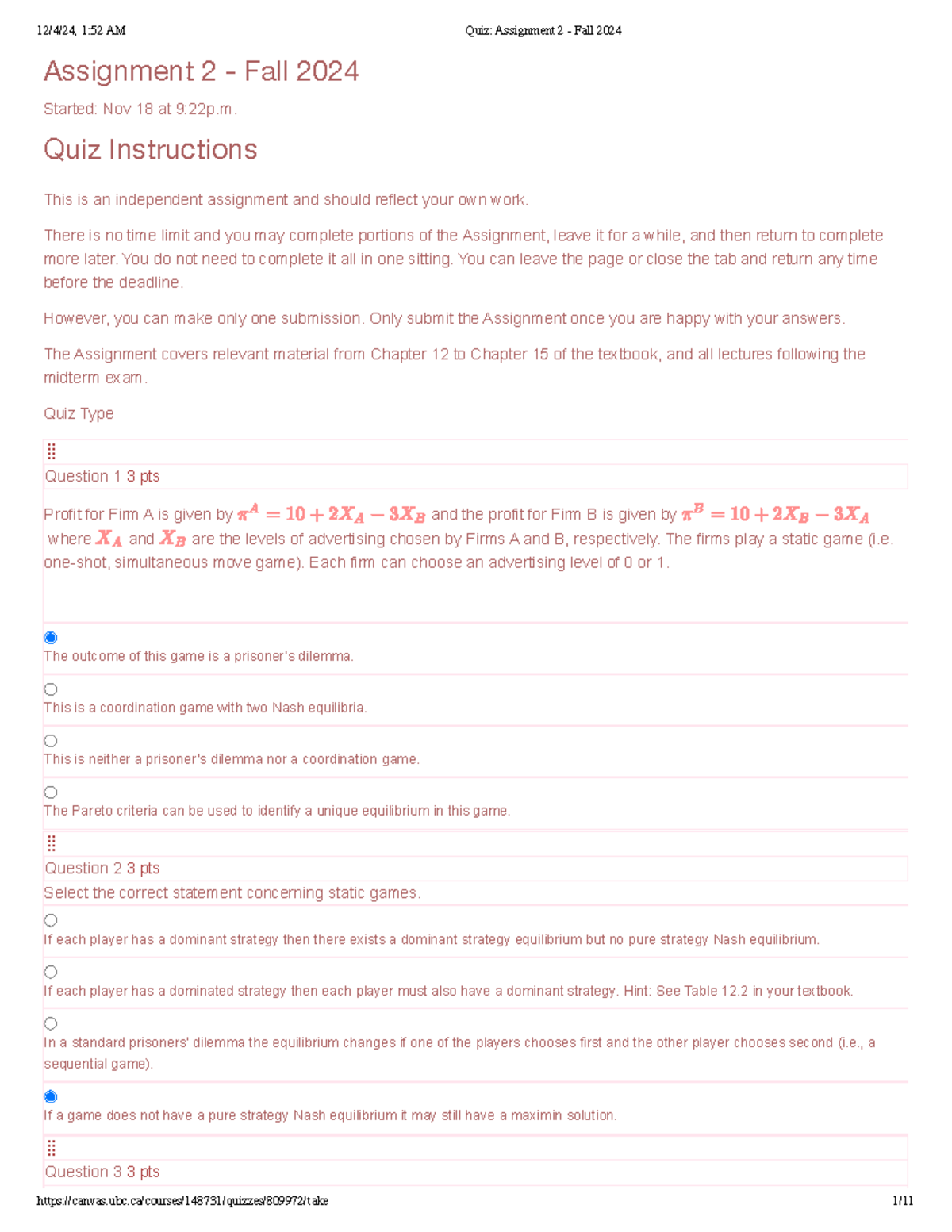 Quiz Assignment 2 - Fall 2024 - Assignment 2 - Fall 2024 Started: Nov ...