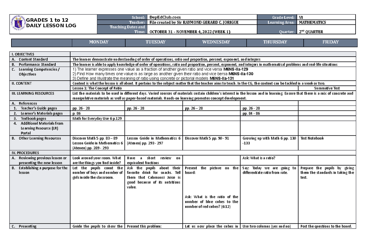 DLL MATH 6 Q2 W1 - Daily Lesson Log for Ratio Concepts - Studocu