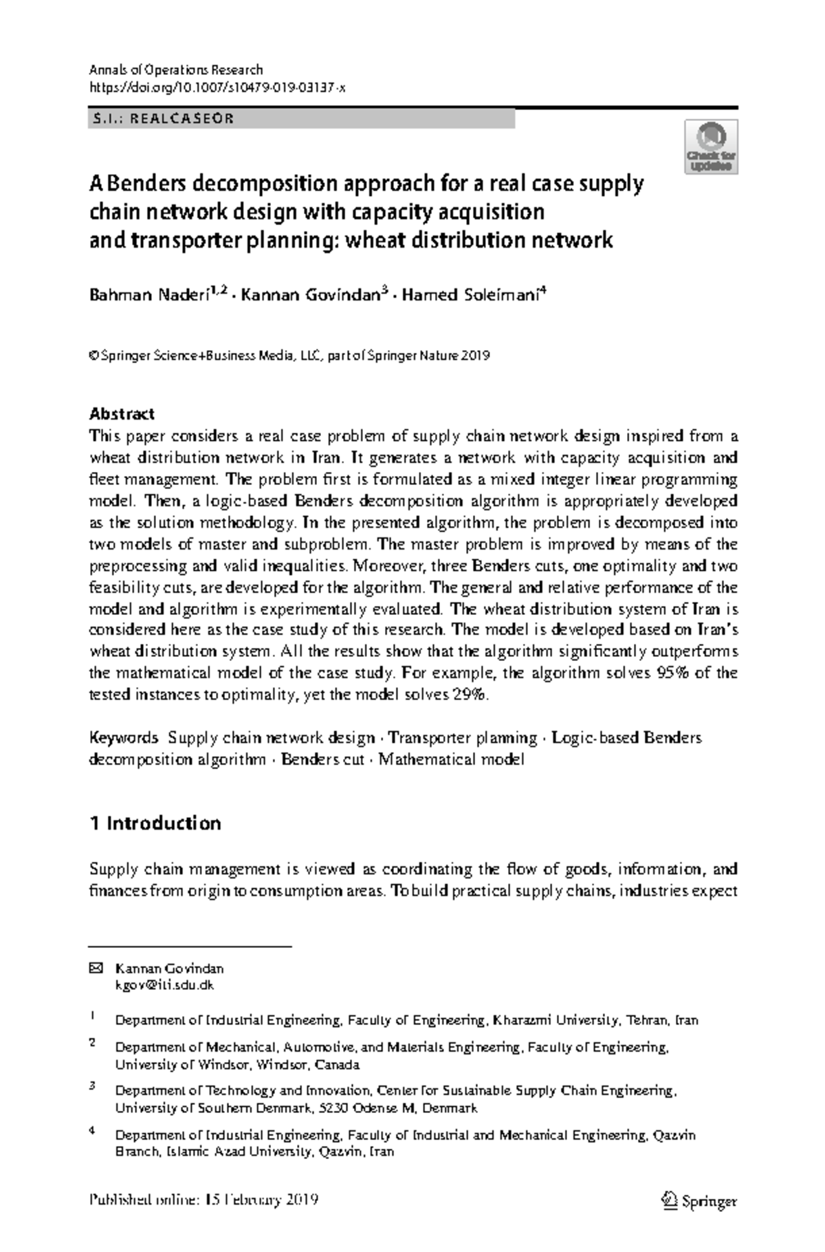 A Benders Decomposition Approach for SCND: Capacity & Transporter ...