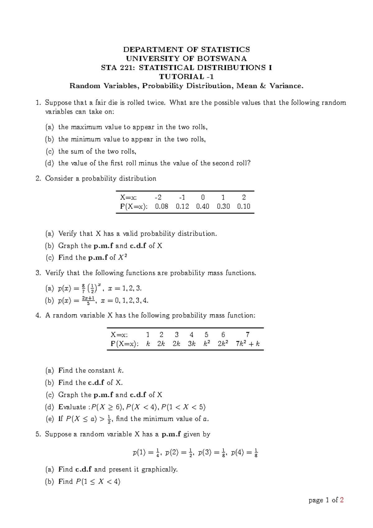 STA 221 Tutorial 1: Random Variables & Probability Distributions - Studocu