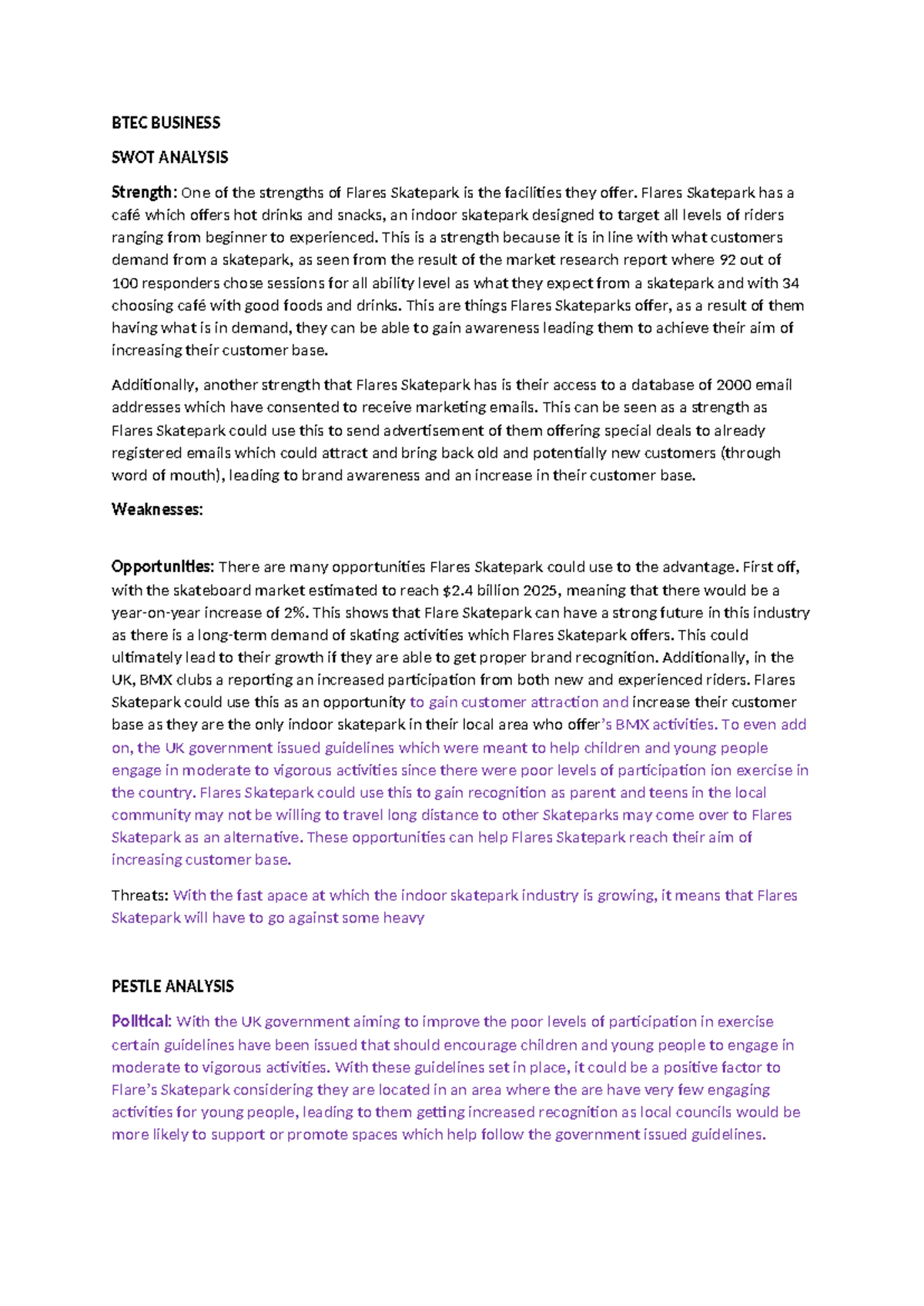 BTEC Business SWOT Analysis of Flares Skatepark: Strengths ...