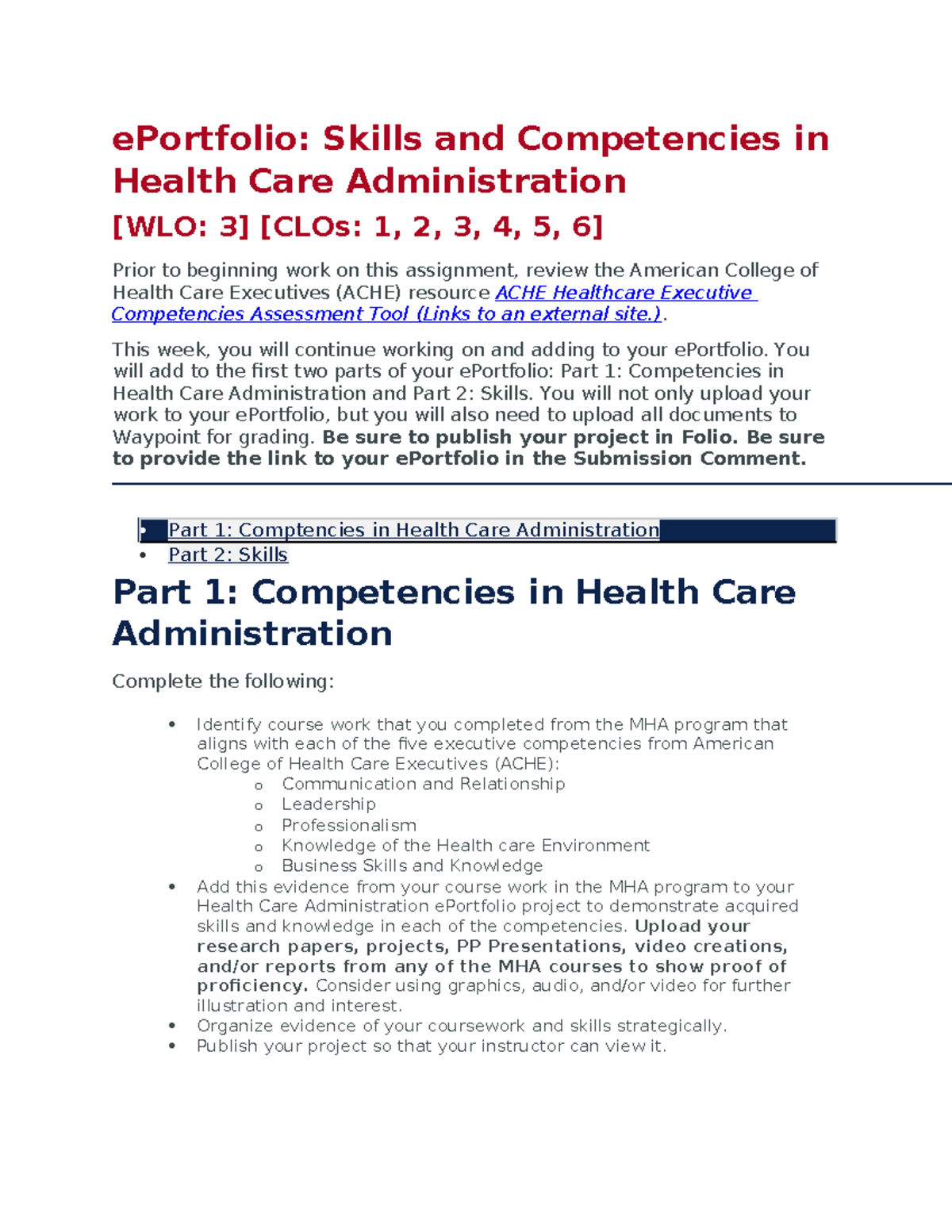 MHA690 ePortfolio: Competencies & Skills in Health Care Admin - Studocu
