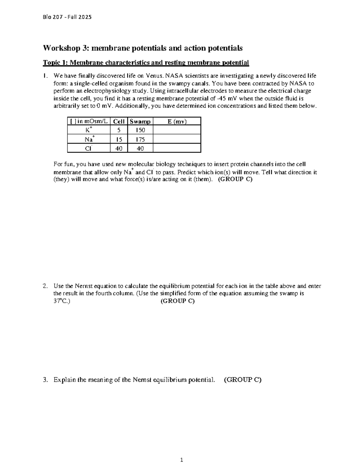 Bio 207 F25 Workshop 3: Membrane & Action Potentials Analysis - Studocu