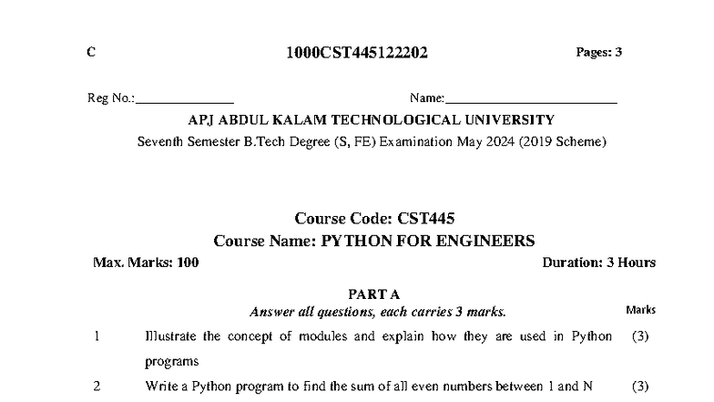 CST445 - Python for Engineers: May 2024 Exam Questions - Studocu