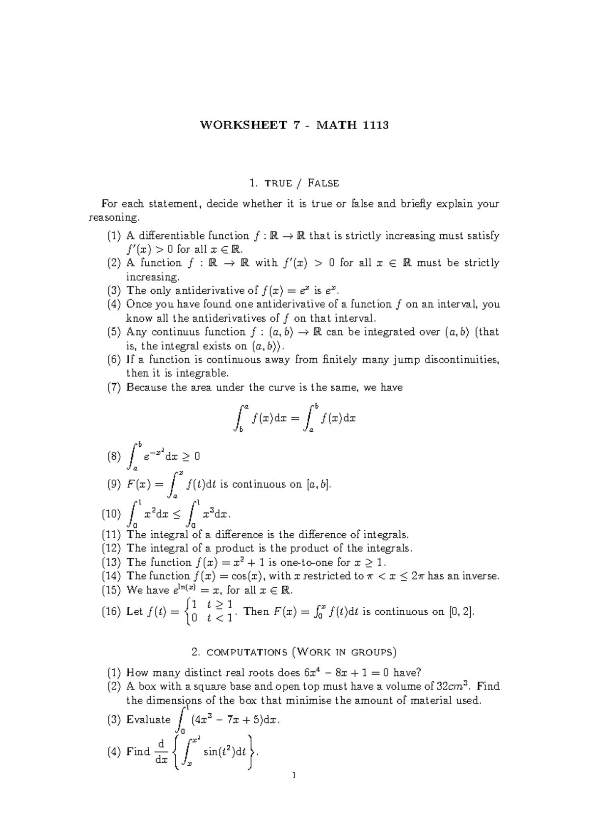 Worksheet 7 - True/False Statements & Calculations for Math 1113 - Studocu