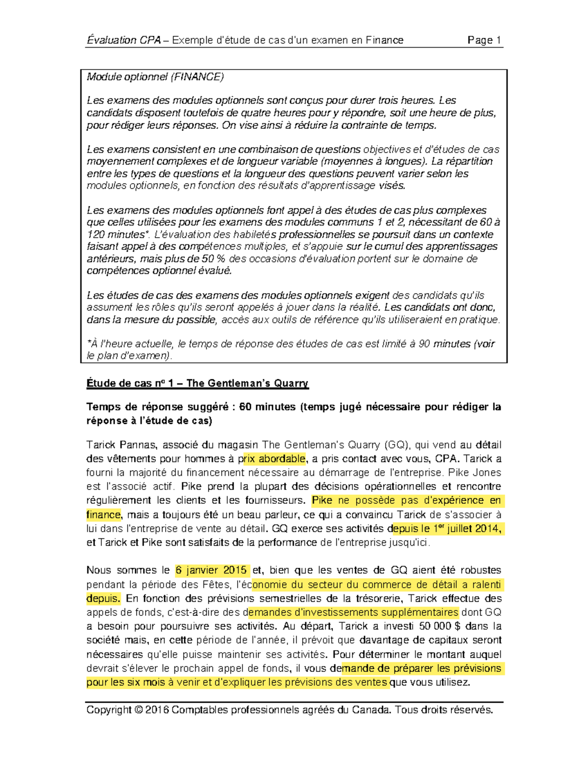 Évaluation CPA : Exemple de Cas d'Examen en Finance (FINANCE) - Studocu