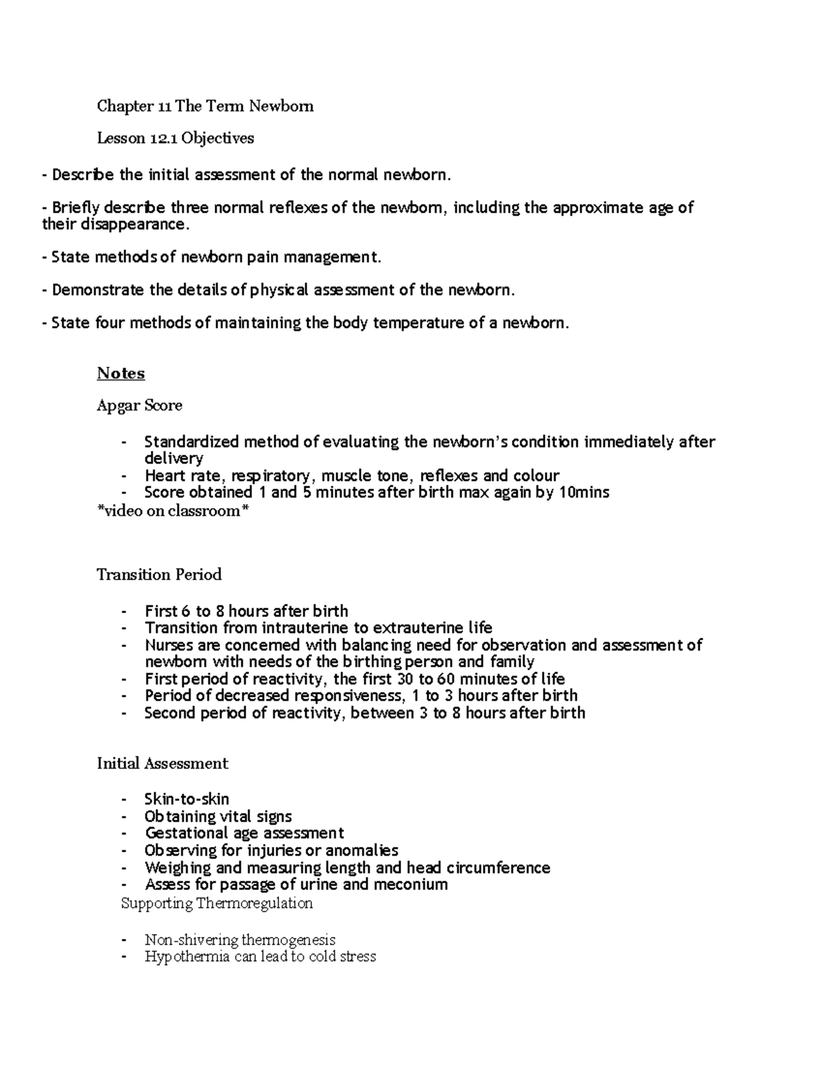 MAT Child Week 1 - Newborn Assessment & Care Lecture Notes Part 1 - Studocu