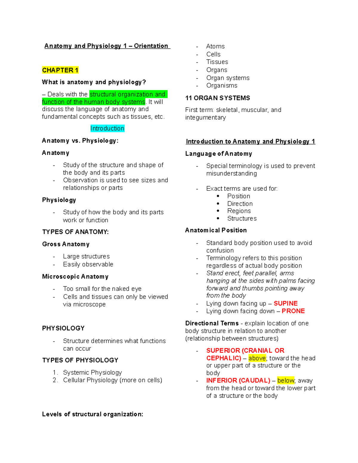 Anatomy and Physiology 1 Notes: Basics of Structure & Function - Studocu