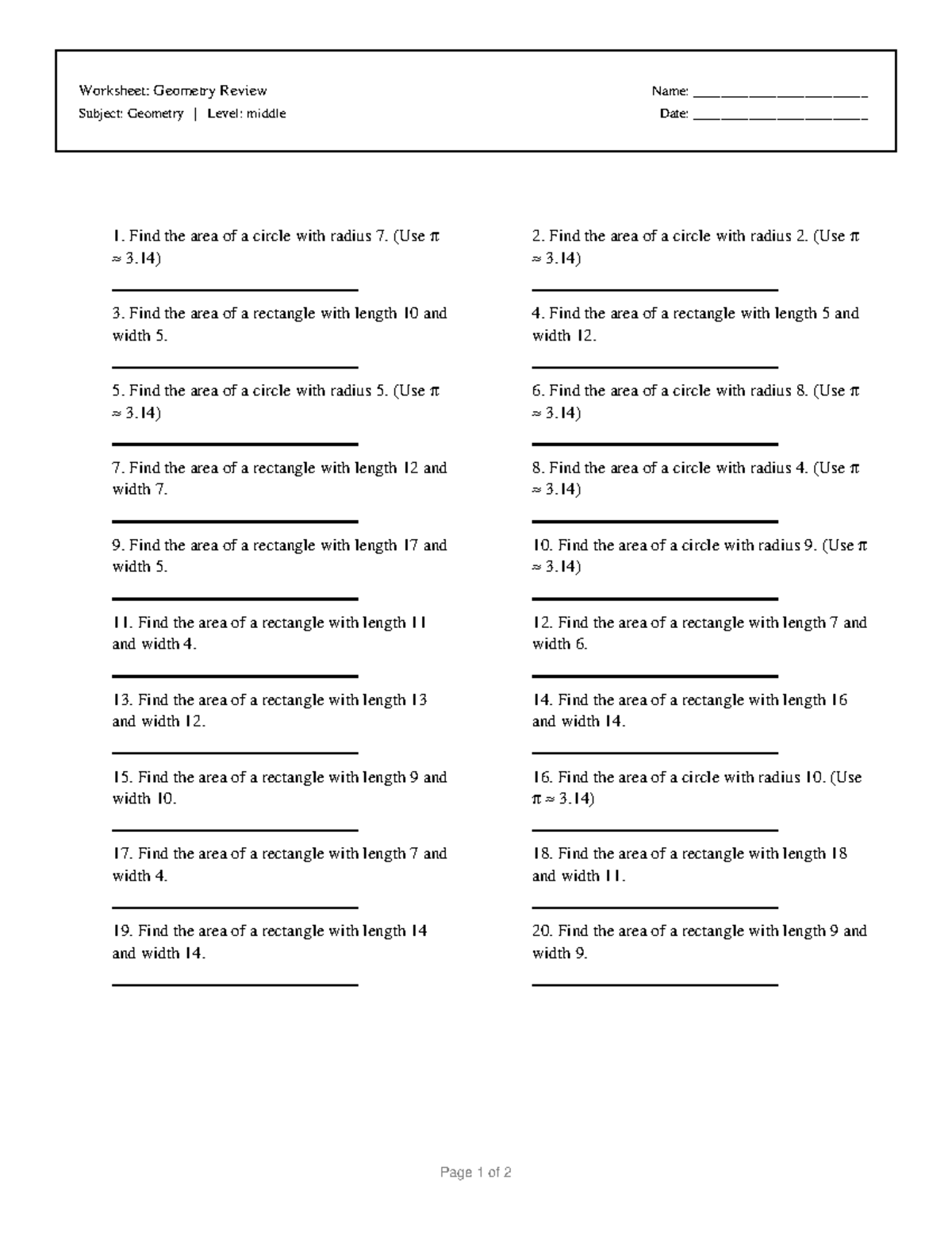 Geometry Review Worksheet: Area Calculations and Word Problems - Studocu