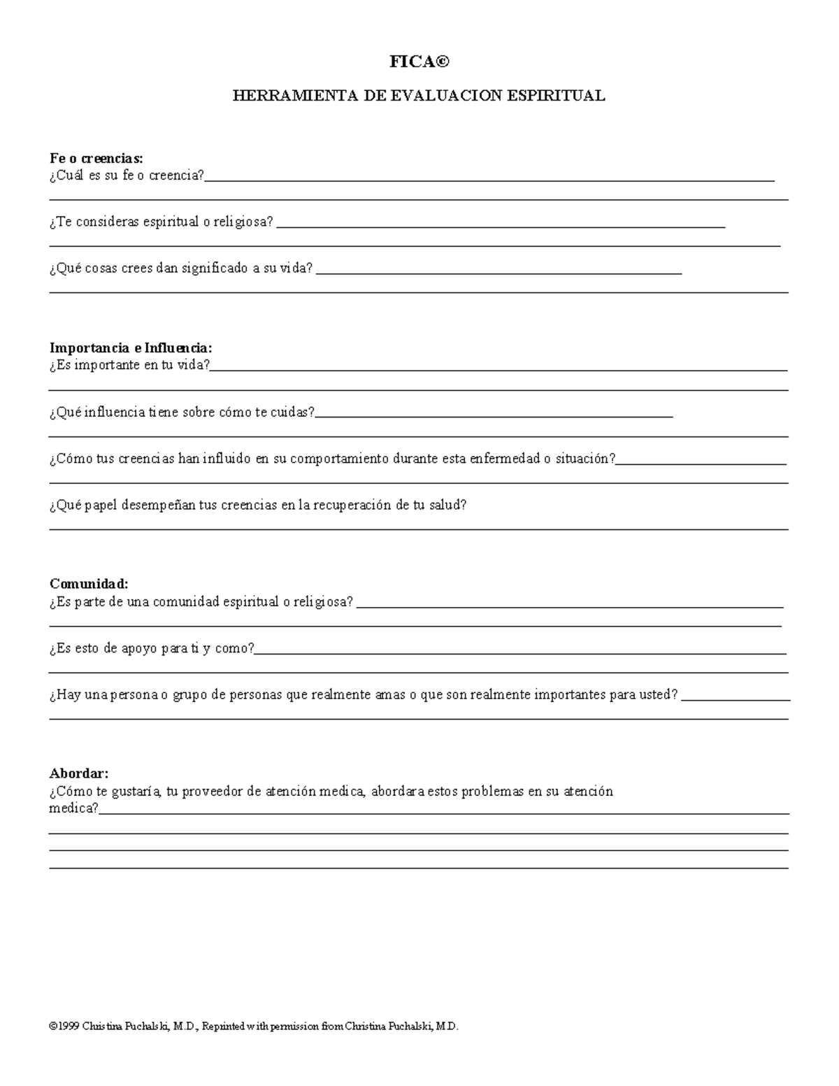 FICA Spiritual Assessment Tool - Spanish Edition - Studocu