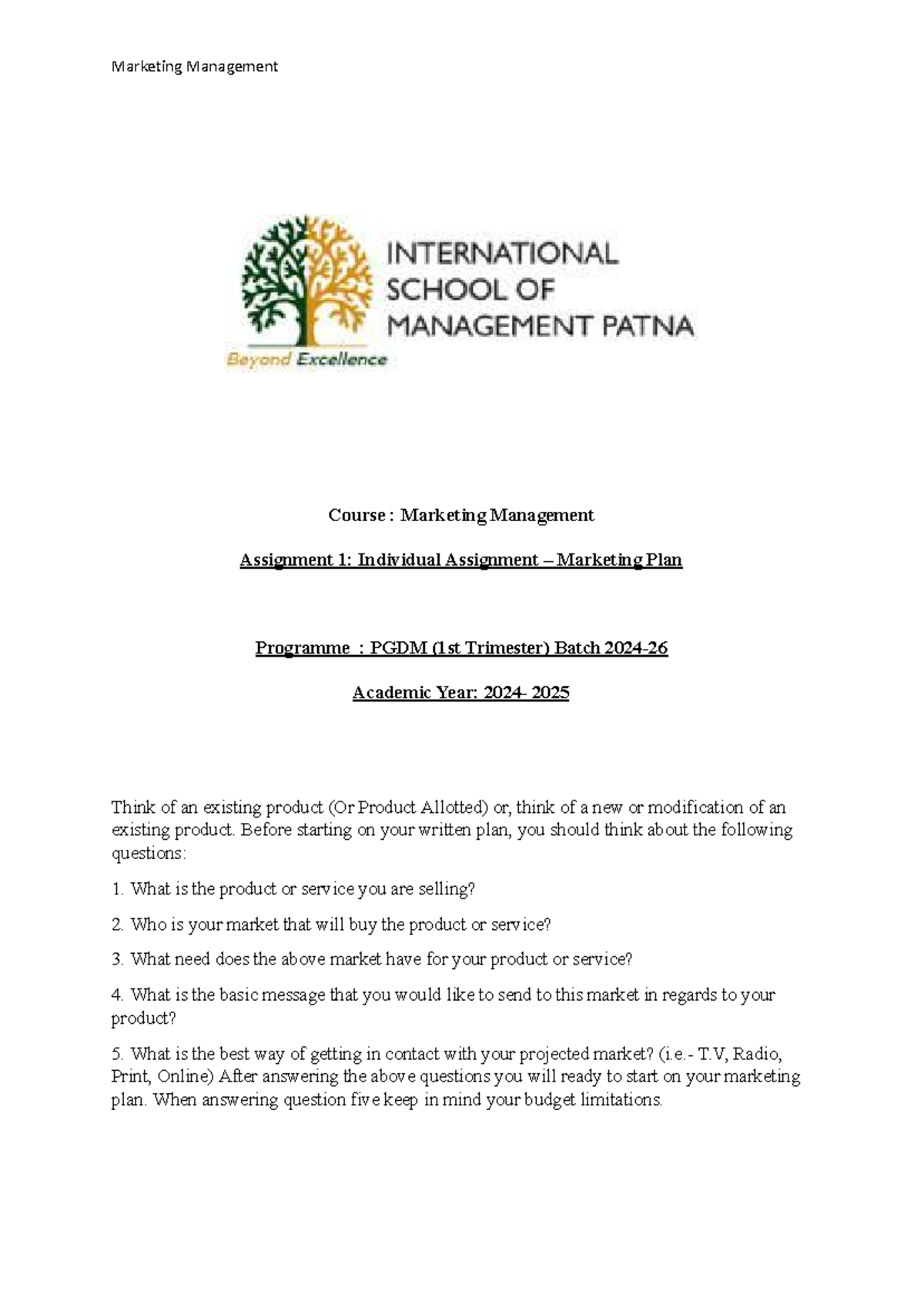 Assignment 1 - Marketing Plan - Course : Marketing Management ...