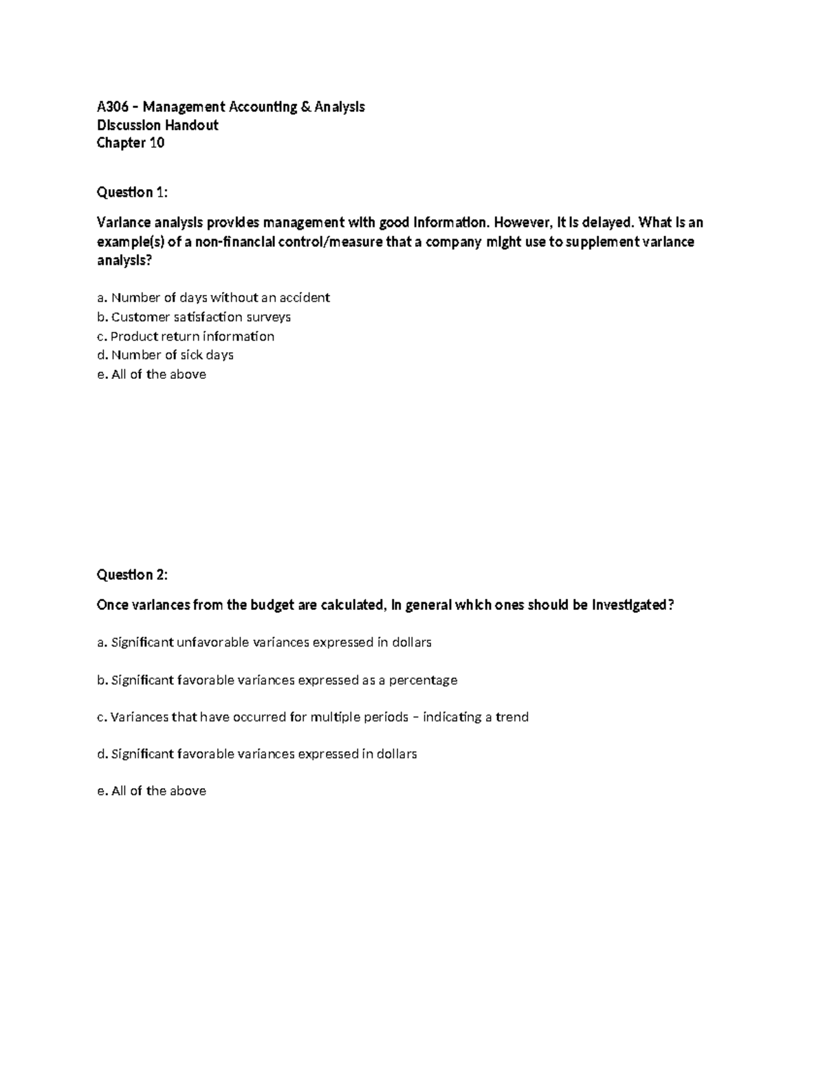 A306 Management Accounting Discussion Handout: Chapter 10 Variance ...