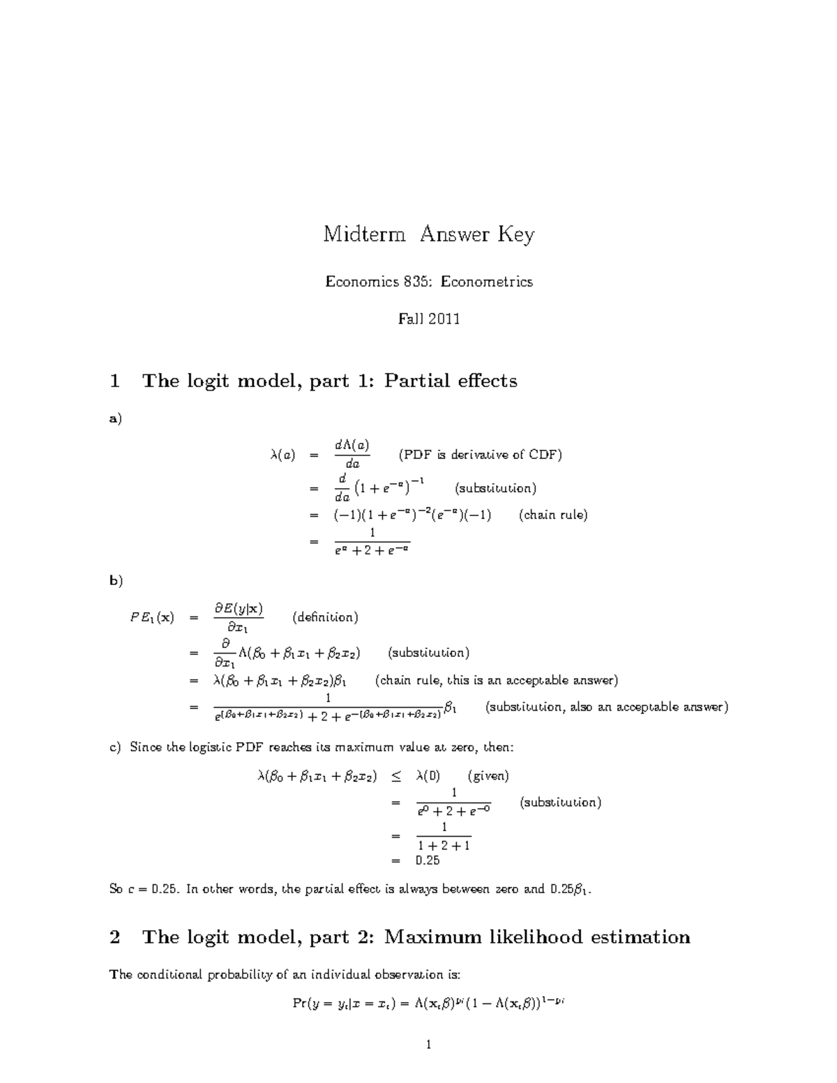 Fall 2011 Midterm Exam Answer Key - Midterm Answer Key Economics 835 ...