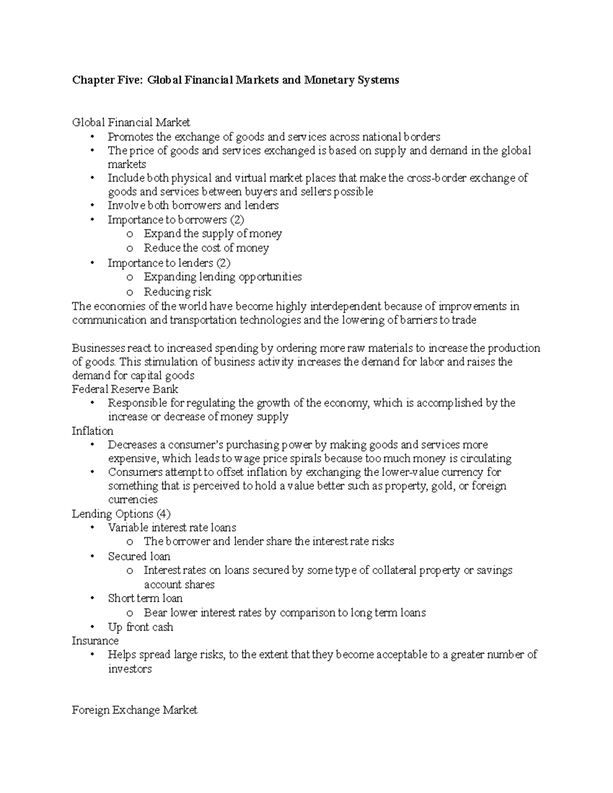 Chapter 5 - Global Financial Markets & Monetary Systems - Lecture Notes ...