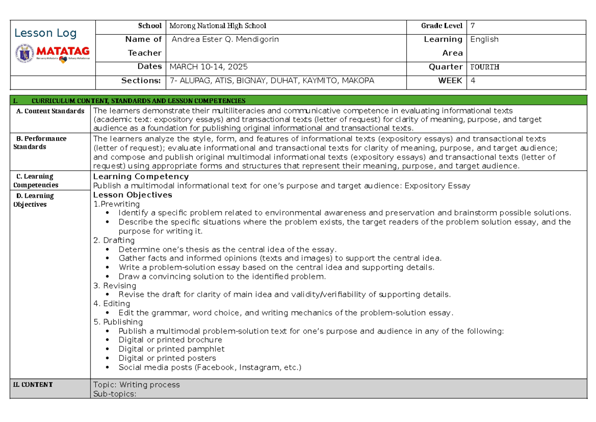 Q4-DLL-WEEK4 - daily lesson log for english 7 quarter 4 - Lesson Log ...