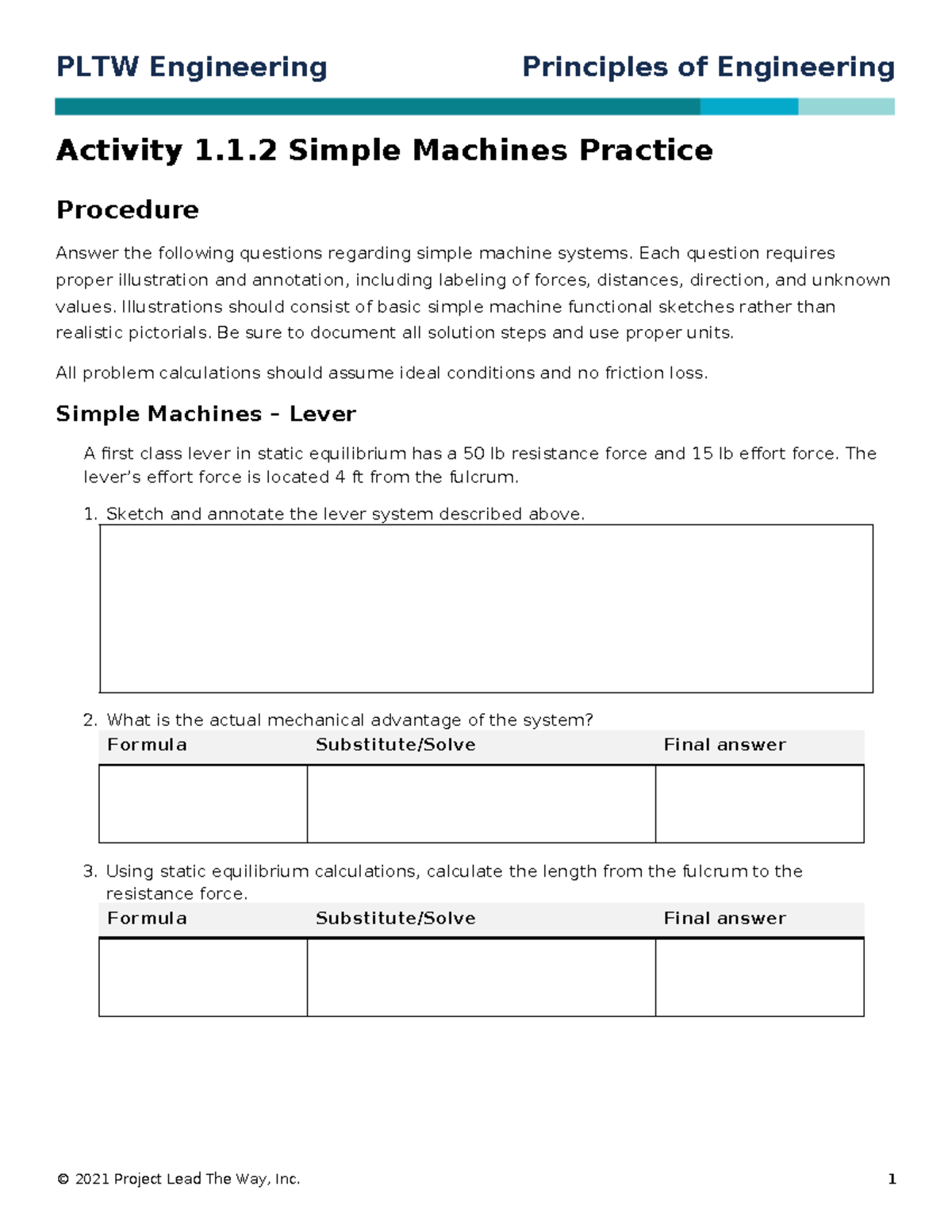 Poe 112 Simple Machines Practice Problems and Solutions - Studocu
