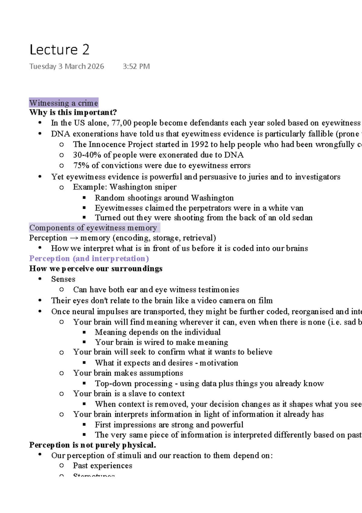 Lecture 2: The Fallibility of Eyewitness Testimony and Memory - Studocu